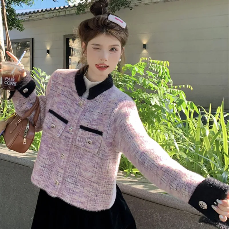 Little Fragrance Contrast Color Jacket Women's Autumn Winter Coat 2024 New Beautiful Chic Baggy Simple Long-sleeved Top Blouse