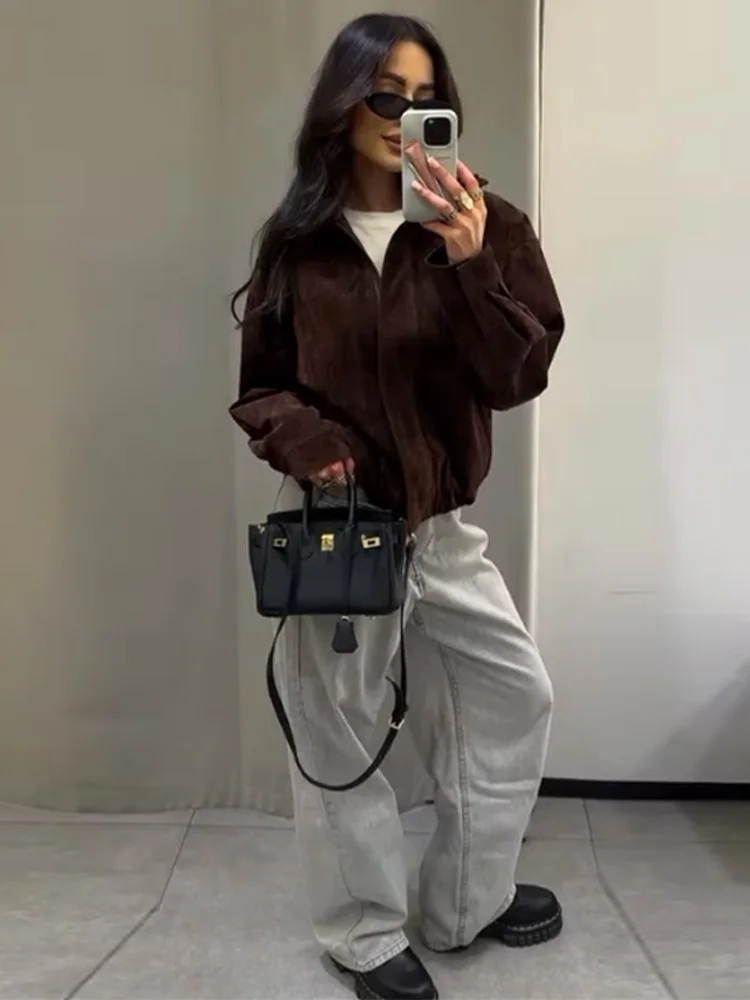 Stehkragen Langarm Zipper Mantel Frauen Elegante Tasche Geraffte Lose Anliegende Bomber Jacke Modische Damen Herbst Oberbekleidung – Detail 21