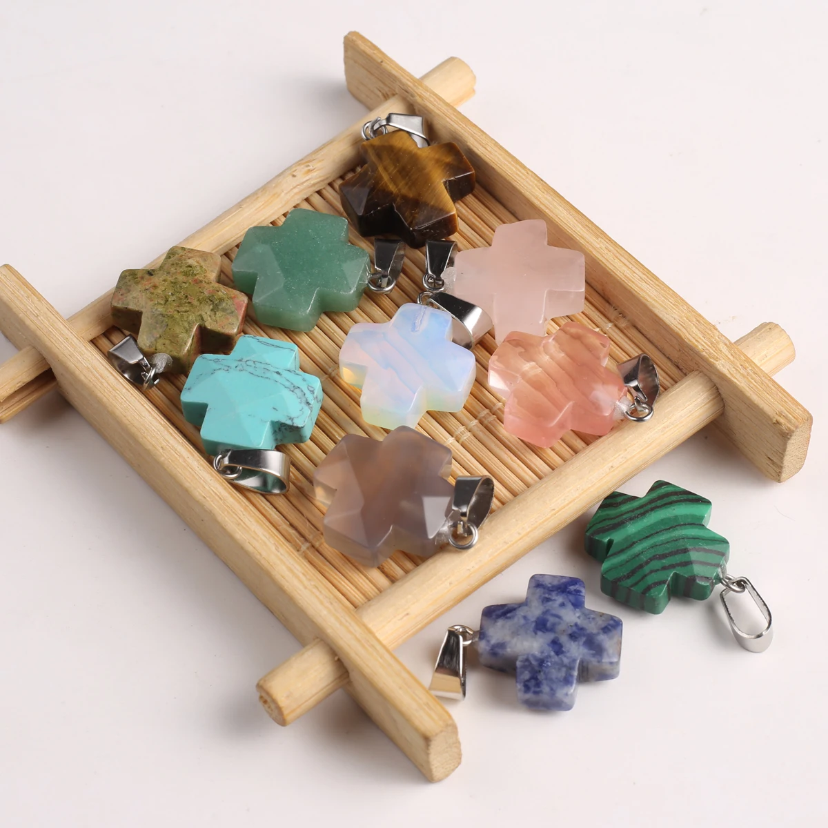 

20PCS Wholesale Natural Stone Rose Quartz Blue Turquoise Unakite Plus Shape Pendant Jewelry Making DIY Necklace Accessories