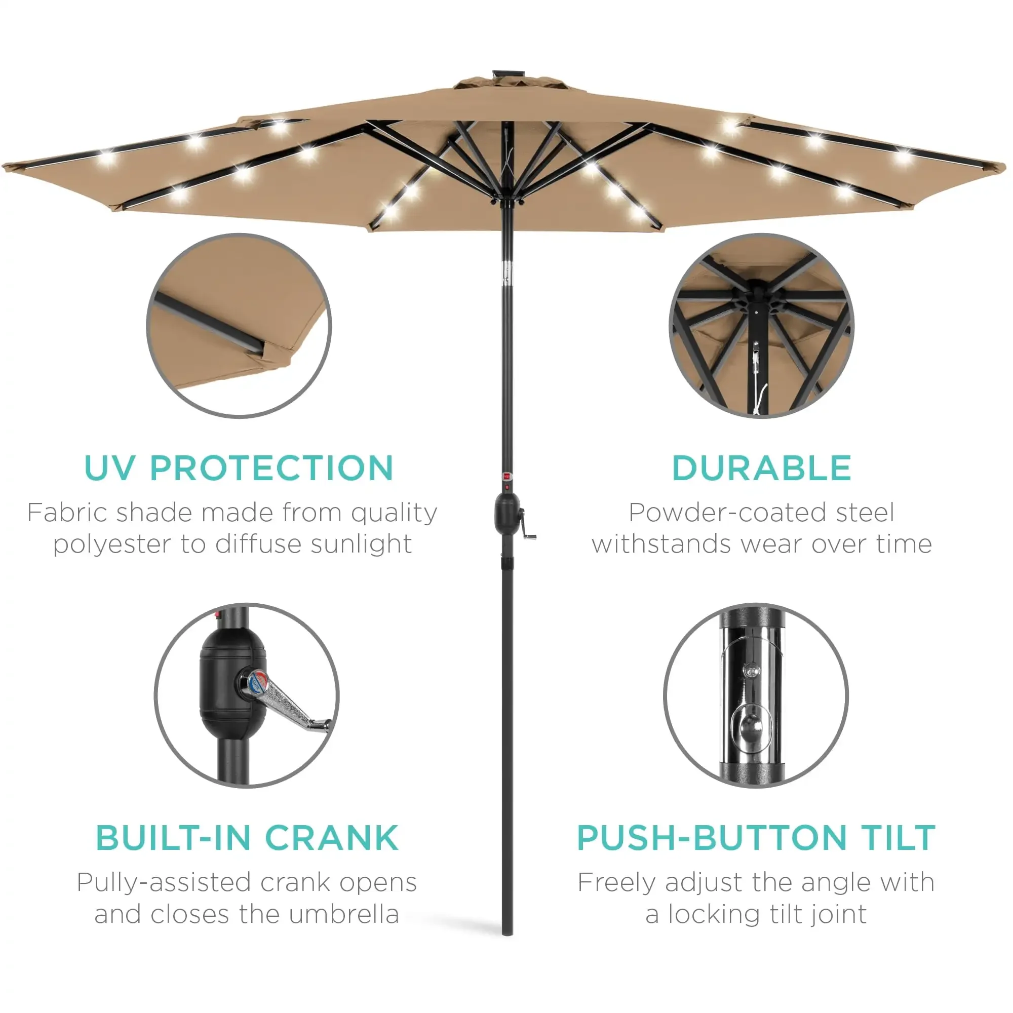 10ft Solar LED Lighted Patio Umbrella w/ Tilt Adjustment, UV-Resistant Fabric - Tan 5