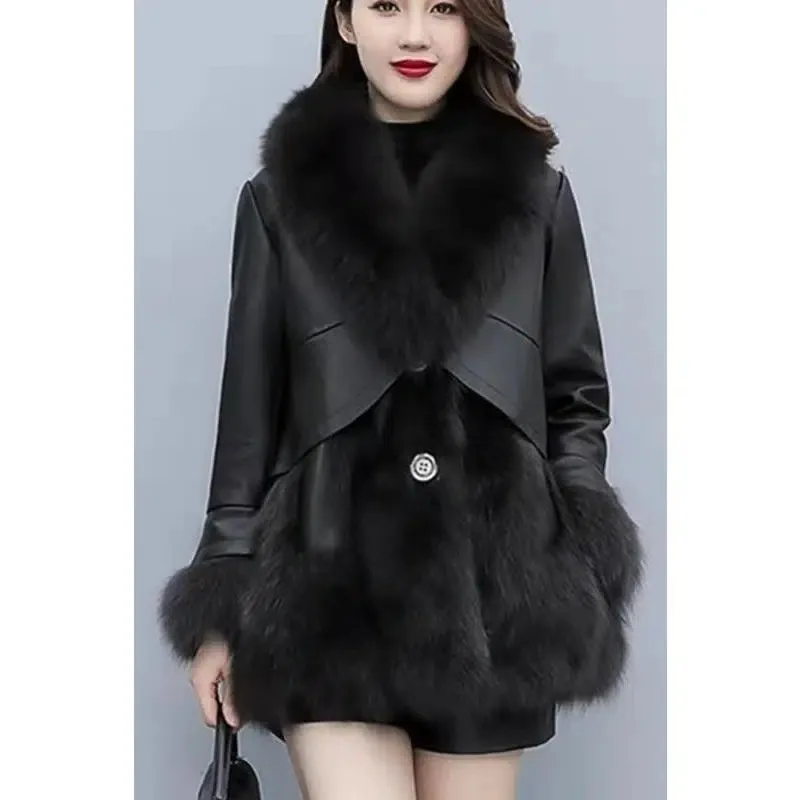 2023 Autumn and Winter Haining Fur Coat Female Korean Version V-neck  Fox Hair Slimming Medium Long Fur Collar Coat Tide