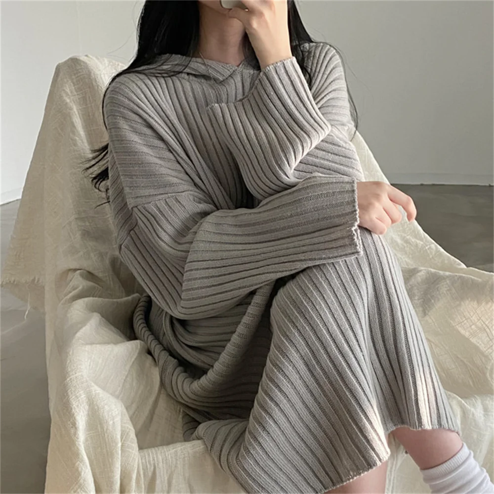 

PLAMTEE Straight Sweater Dress Women Hooded Loose Chic Office Lady Solid Knitted Winter 2022 Mujer Bottoming Slim Warm Casual