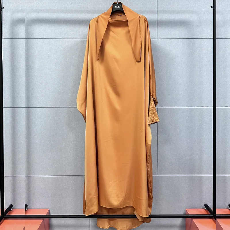 2023 Spring Summer Muslim Women Polyester Solid Color Long Abaya  Dubai Abaya Muslim Dress Women Abayas for Women with Headscarf