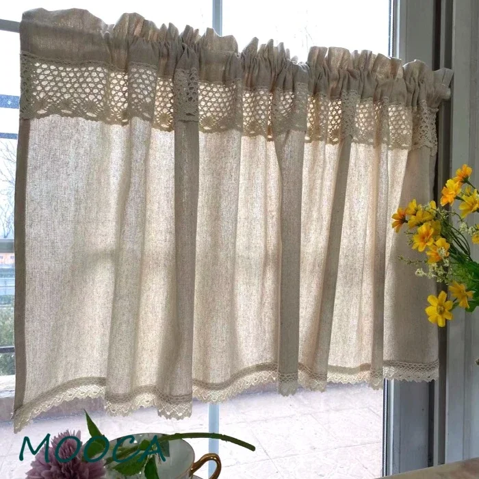 

*Half Curtain with Crochet Lace Short Curtains for Kitchen Window Curtain Cotton Linen Cafe Cabinet Cover Dust-proof Rustic