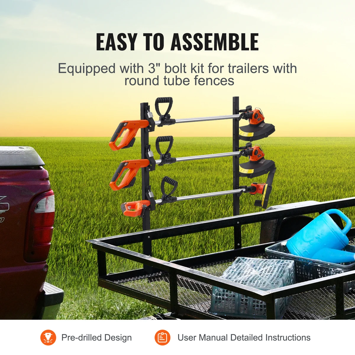 SucceBuy 3 Place Weeder Trimmer Rack Locking Trim Holder Landscape Vertical Rack Carrier Mount on Open Pickup Enclosed Trailer — view 2