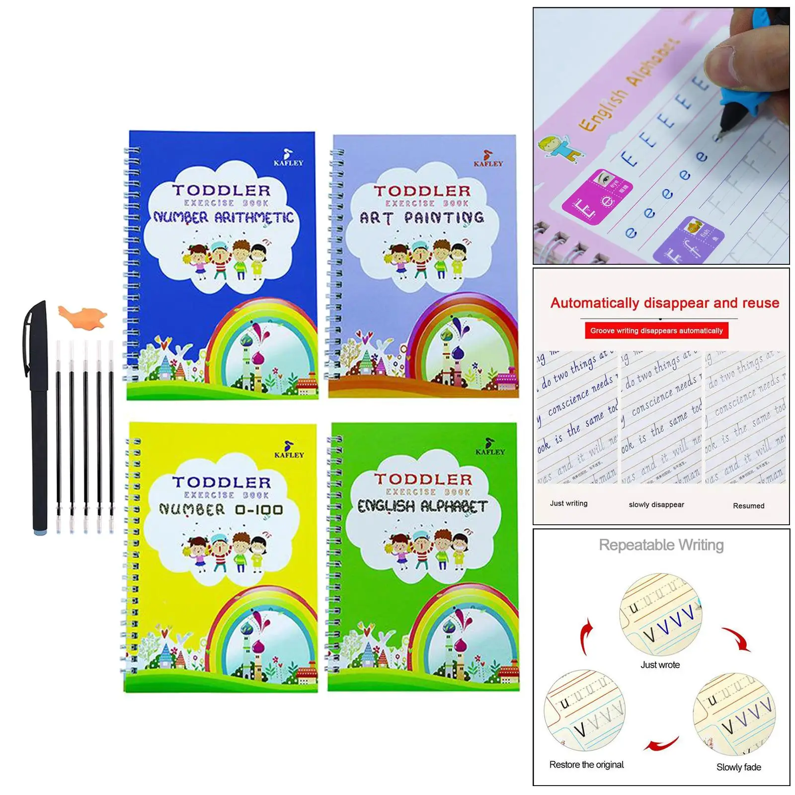반복적으로 글쓰기 연습을 위한 필기책, 펜 리필 및 그립 포함, 어린이용 캘리그래피 세트