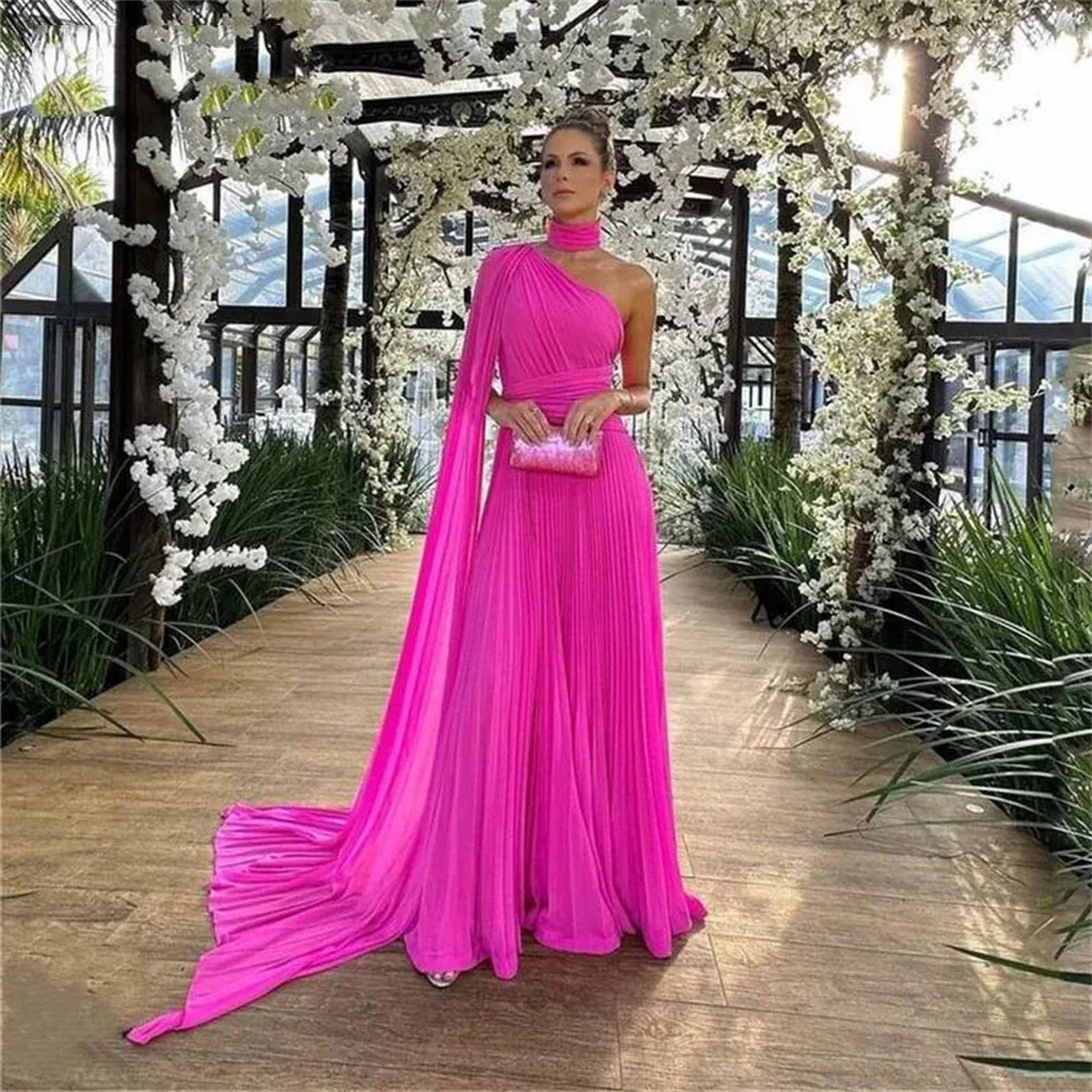 

Fortunate Fuchsia Prom Dresses Mermaid One-Shoulder Pleated Cape Sleeves Chiffon Floor Length Evening Party Gowns Robe De Soirée