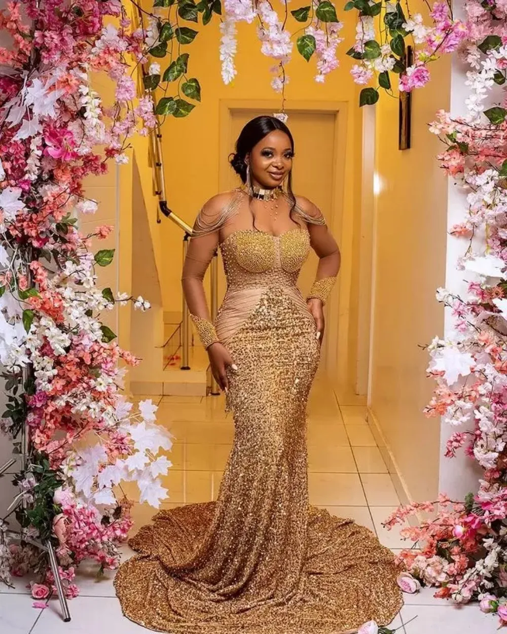 Gold Lace Beaded Mermaid Nigerian Prom Dresses For Plus Size Women 2022  Arabic Aso Ebi Gown With Sheer Neckline For Evening Formal Party And Second  Reception ZJ306 From Chic_cheap, $212.92