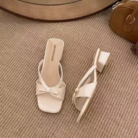 Nouvelles sandales mules élégantes à bout carré et nœud pour femme 2026 – Talon bas décontracté, à enfiler, pour l'été et la plage 2