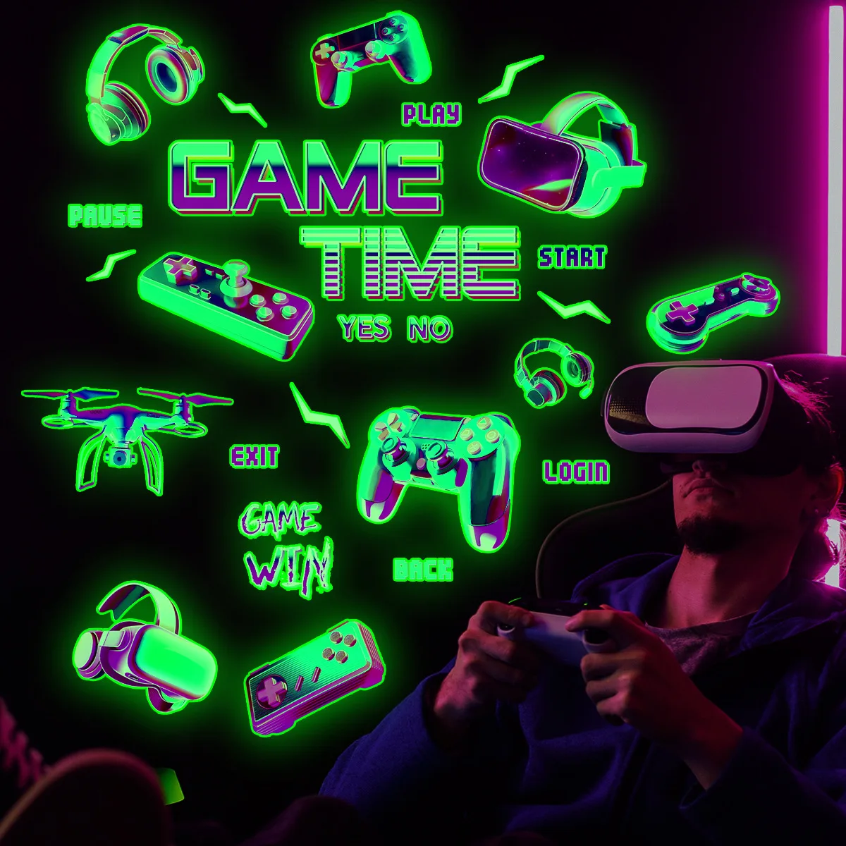 

Glow in the Dark Luminous Game Wall Sticker Gaming Controller Self-adhesive Art Mural Poster Kid Boys Room Playroom Wall Decor