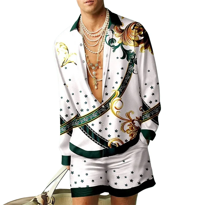 Europe and the United States new national style printed Hawaiian lapel long sleeve shorts shirt outdoor 3d two-piece set