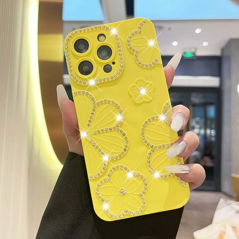 thumbnail image 1 of Funda transparente con diseño de flores y diamantes con baño de purpurina para iPhone 16, 15 Pro Max, 14, 13, 12 y 11, funda de silicona suave a prueba de golpes con brillantes diamantes de imitación, 1 of 5
