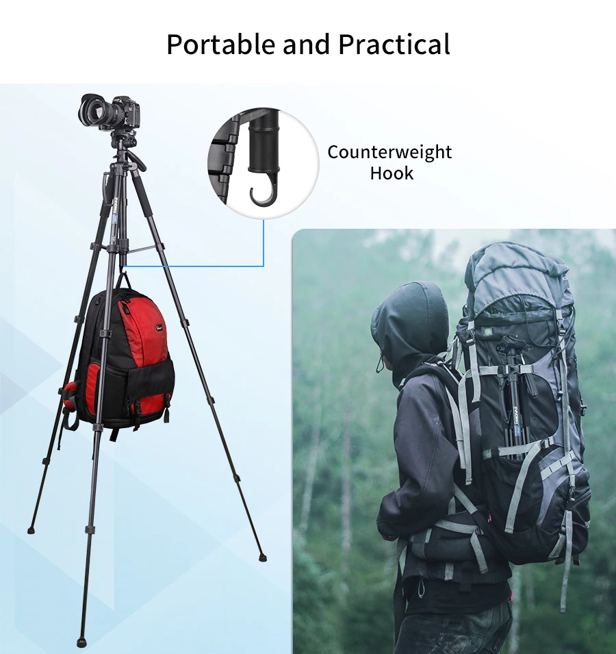RT20H Professional Lightweight Travel Aluminum Tripod with Adjustable Head Horiz