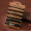 Conjunto de 6 piezas para hombre, pulsera trenzada de piel de vaca, multicapa, Estilo Vintage
