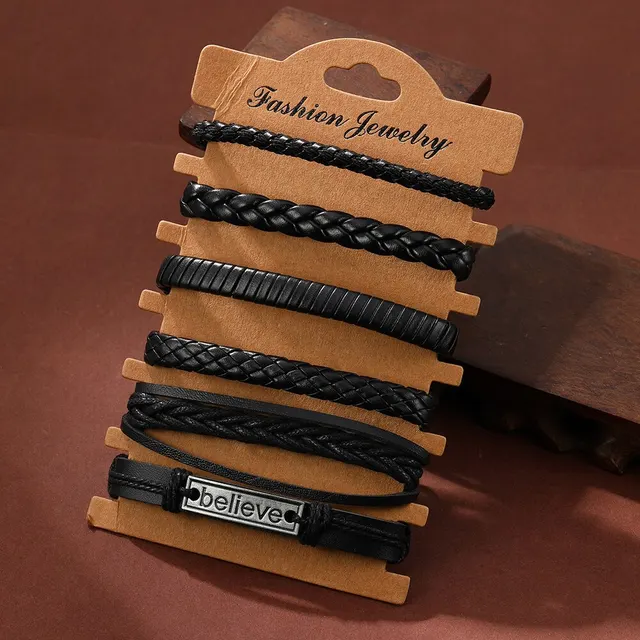 Conjunto de 6 piezas para hombre, pulsera trenzada de piel de vaca, multicapa, Estilo Vintage