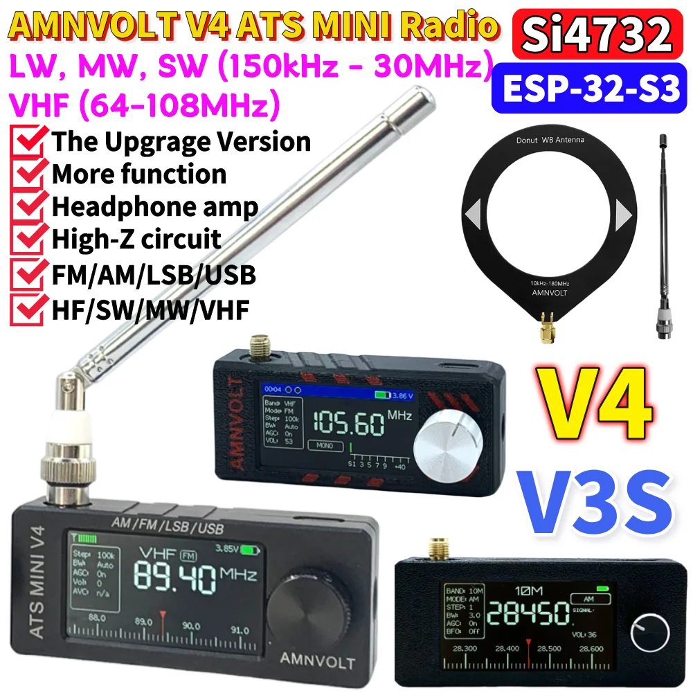 Si4732 DSP Radio AMNVOLT V4 ATS MINI Radio With Antenna 1.9inch IPS Screen LSB USB Transistor Pocket Radios for Indoor Outdoor 1