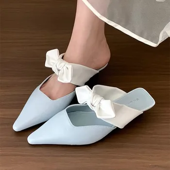 Sweet Butterfly-knot Low-heeled Slippers Women Elegant Pointed Toe Slingback Slide Sandals Comfort Concise Designer Office Shoes