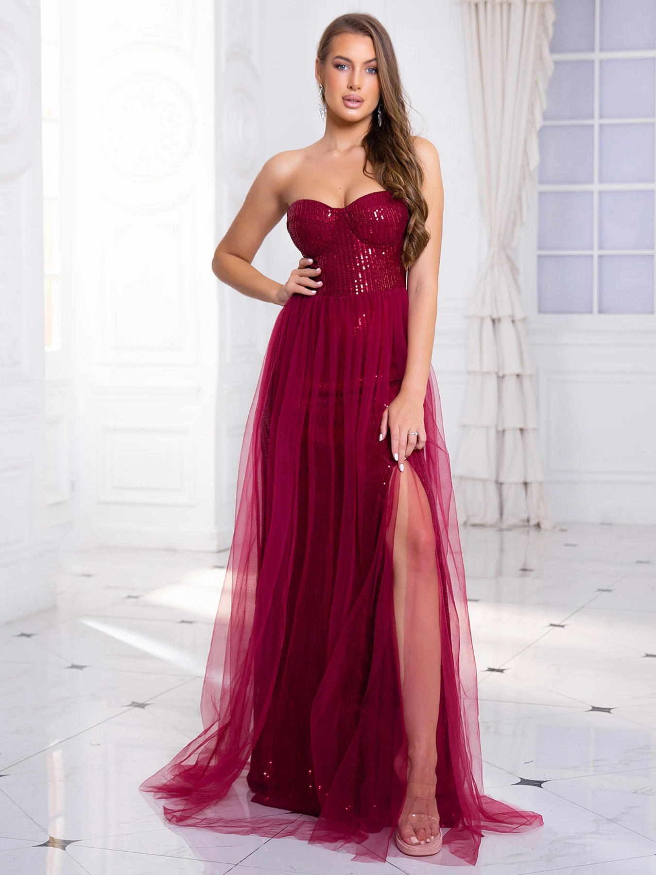 A-Line   Floor Length Sleeveless Strapless Evening Prom Dress Sequined with Feather