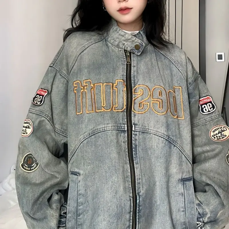 Denim Jacket Women Badge Collage Spring and Fall Models of The New Retro Niche Collar American Style Do Old Washed Jean Jacket 30 sheets stickers old newspaper serials simple literary retro handbook stickers material collage stickers 8 models