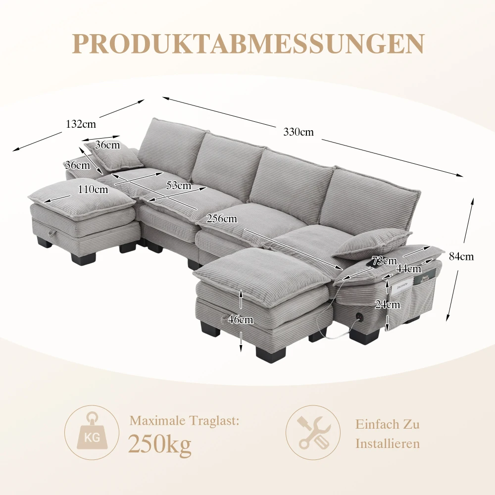 Modulares 4-Sitzer-Sofa mit Kabelanschluss, hochdichter Schaumstoffpolsterung, USB-C-Anschluss und Seitentaschen. Ideal für Wohnzimmer, Büro oder Lounge – Detail 20