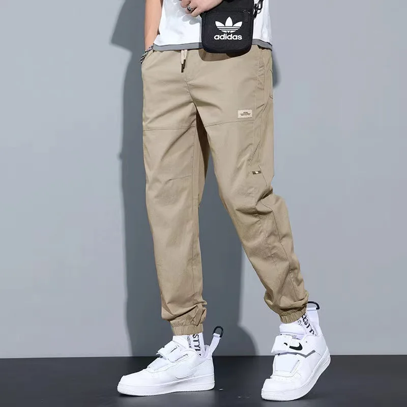 Summer Young Style Streetwear Solid Color Breathable Men Pockets Bound Feet Slim High Street Popular All-match Casual Trousers