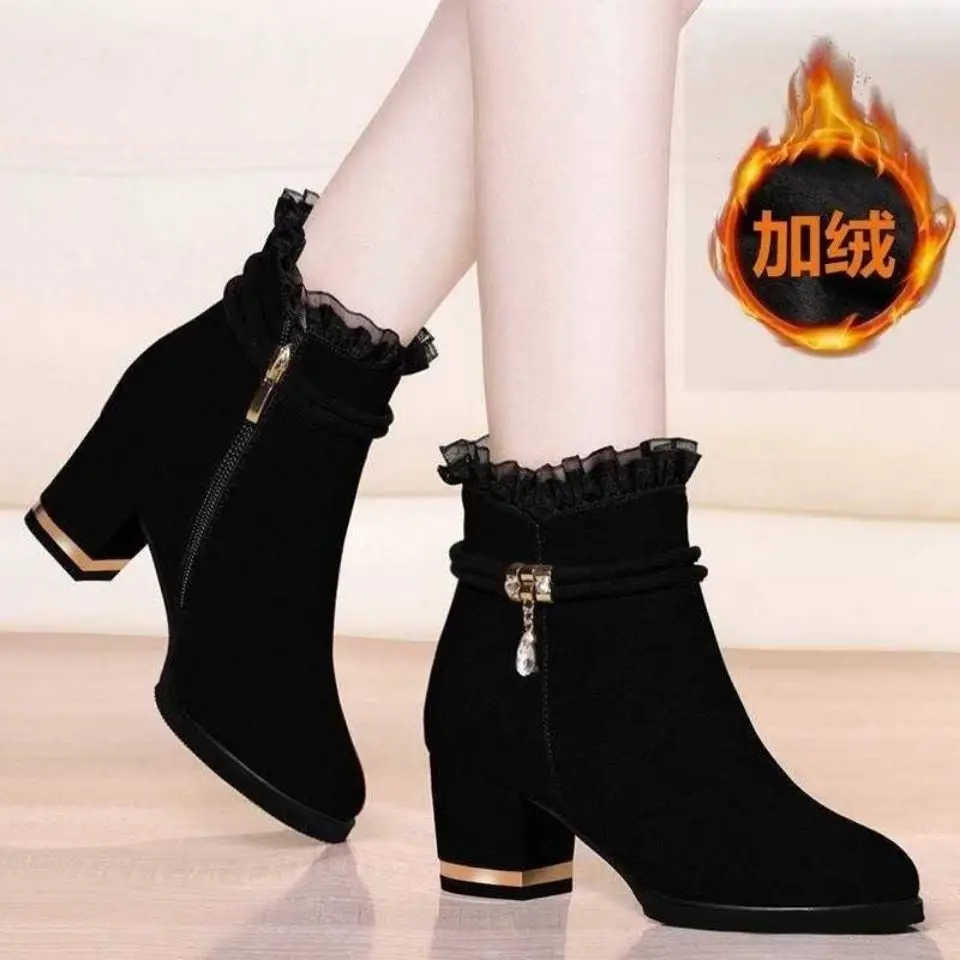 

Zipper Boots Women New 2023 Autumn Shoes Round Toe Winter Footwear High Heel Rubber Flock Solid Ankle Basic Fabric PU Hoof