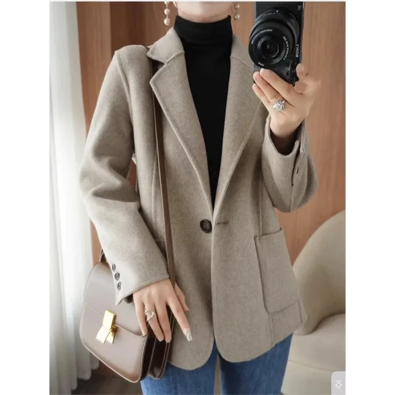 

Autumn and Winter Double-sided Cashmere Coat, High-end Casual Loose Fitting Suit Collar, Long Sleeved Coat, Woolen Coat