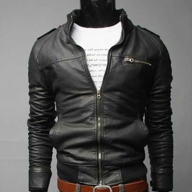 Mens Leather Bomber Jacket Autumn Winter Slim Fit