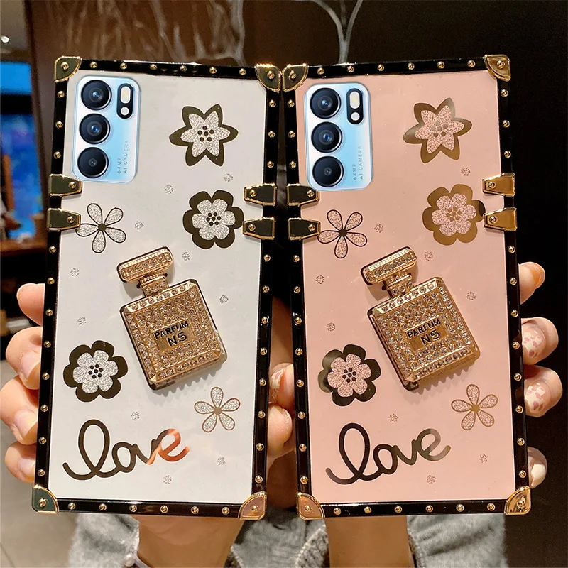 Custodia per bottiglia di profumo di diamante di lusso per Oppo Reno 2Z 3 5 6 Pro Find X2 X3 Neo Lite Cover protettiva per telefono morbida quadrata_voghion.com