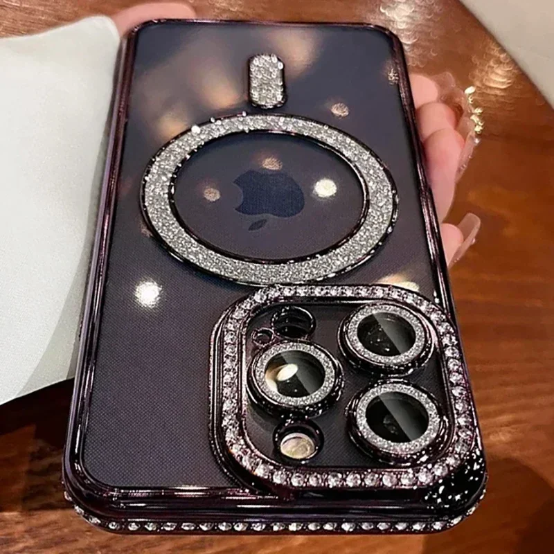 Sparkling Diamond Glitter Phone Case with Magnetic Wireless Charging Compatibility & Transparent Design