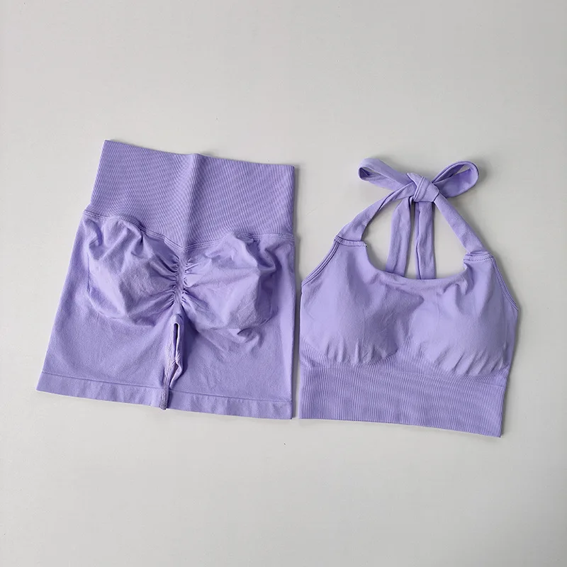 Women's Seamless Yoga Wear Set Tape Strap Backless Top High Waist Scrunched Short Pants Active Set