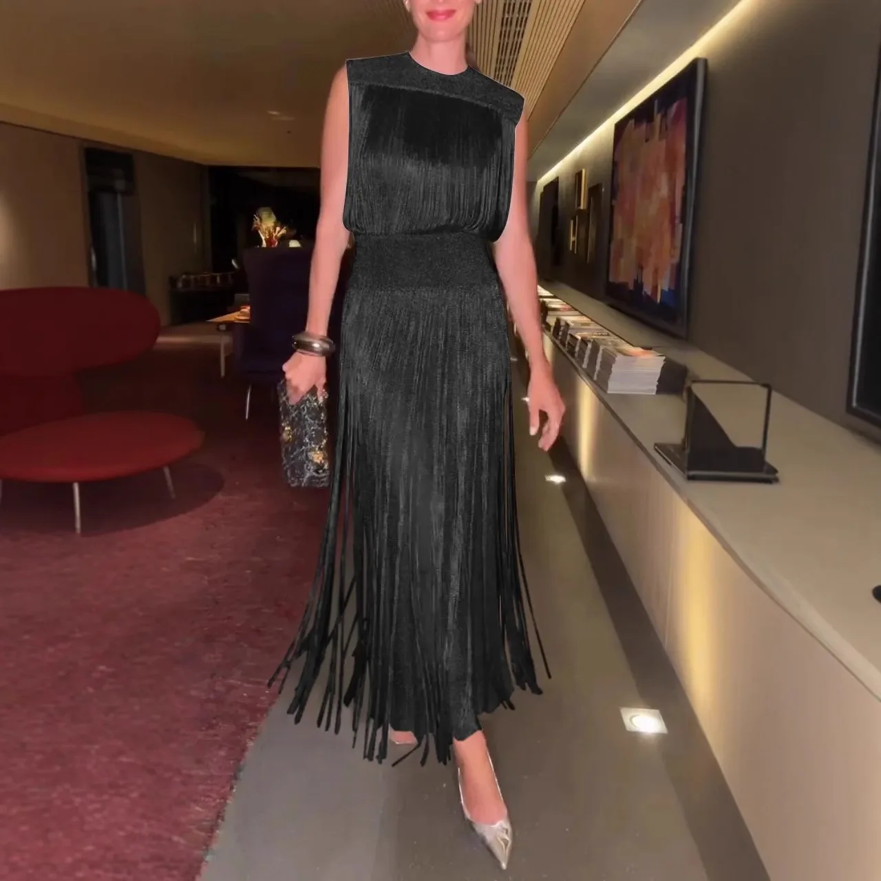 Two Piece Sets Fashion Sequin Fringed Dress for Women Streetwear Glitter  Sleeveless Party Gown Elegant O-neck Long Dresses - AliExpress 200000345