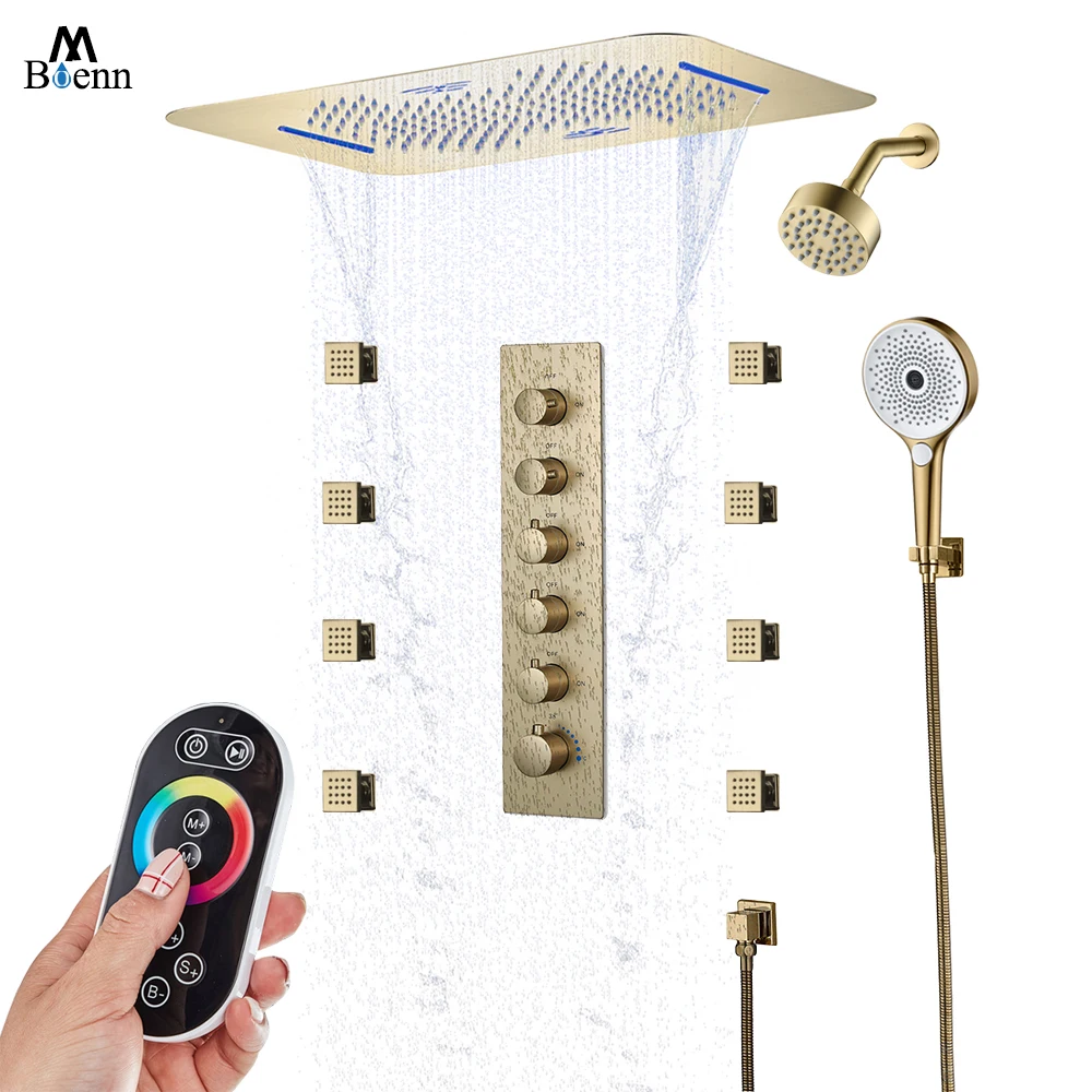 

M Boenn 2024 Modern DIY Household Brushed Gold Shower System Set Bathroom Thermostatic Shower Faucet Double Rainfall ShowerHeads