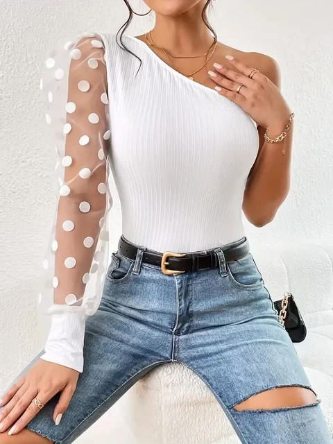 Mya Polka Dot Mesh Stitching Single Shoulder Top 5