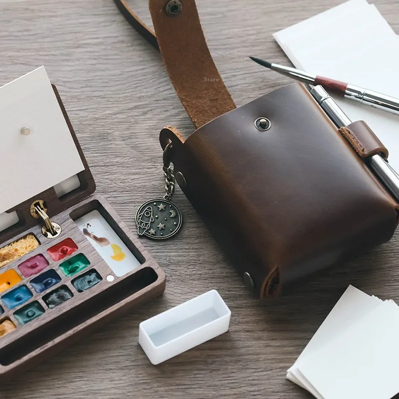 미니 수채화 물감 상자 가죽 보관 가방 아티스트 야외 여행 스케치 수채화 페인팅 브러시 휴대용 페인팅 가방