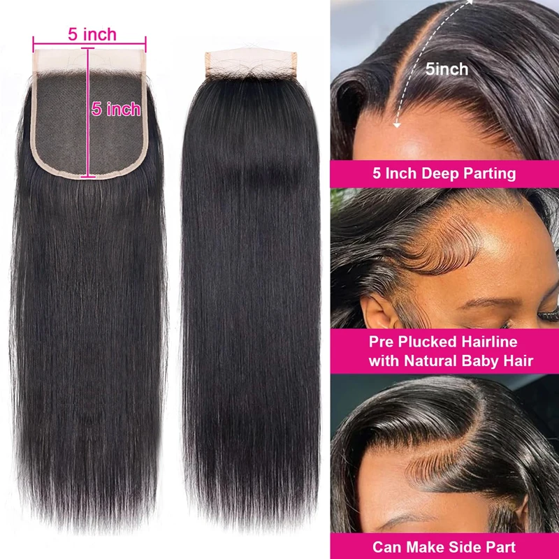 5X5 HD Lace Closure With Bundles Brazilian Straight Bundles 10-32Inch Long Human Hair Weave With 2x6 / 6x6 Lace Closure
