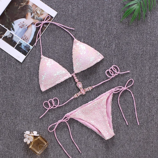 Bikini Push Up Donna Con Strass - Costume Da Bagno Due Pezzi Glitterato Triangolo - Foto 5