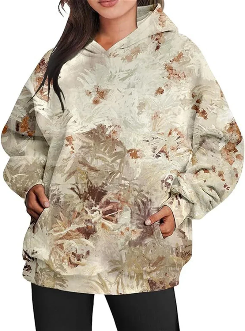 Leaf Element Print Autumn Winter Warm Hooded Sweatshirt Women Kangaroo Pouch Splicing Sports Hoodie Casual Outerwear Streetwear
