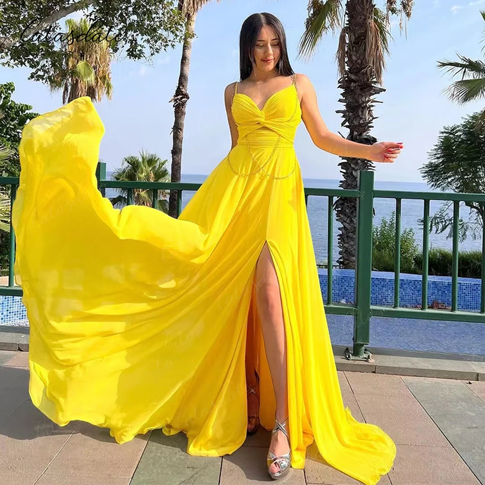 

Catasdate Yellow Evening Dress gala A Line Party Dress for Women Pleats Formal Wedding Ceremony Dresses vestidos de festa