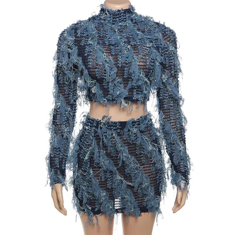 Mesh Tassel Two Piece Set Women 2023 Autumn New Long Sleeve High Collar Crop Tops High Waist Short Skirts Streetwear Outfit