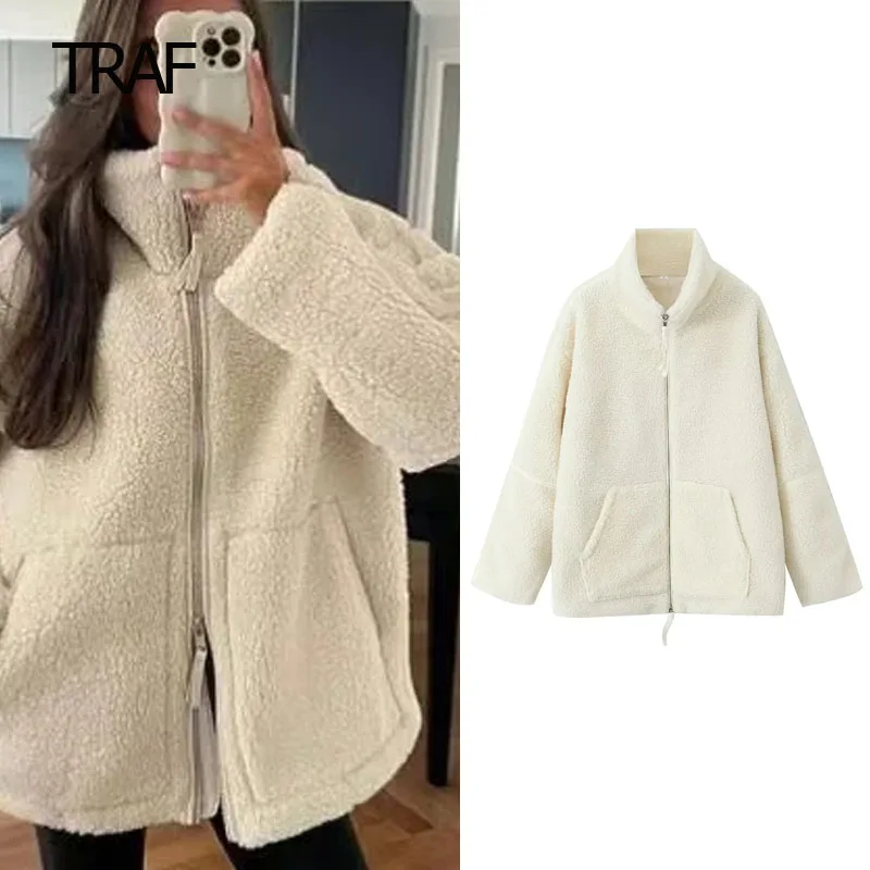 

TRAF Teddy Fluffy Jacket Women's Bomber Jacket Autumn Wool & Blends Coats Turtleneck Long Sleeve Top Women Clothing New Arrivals