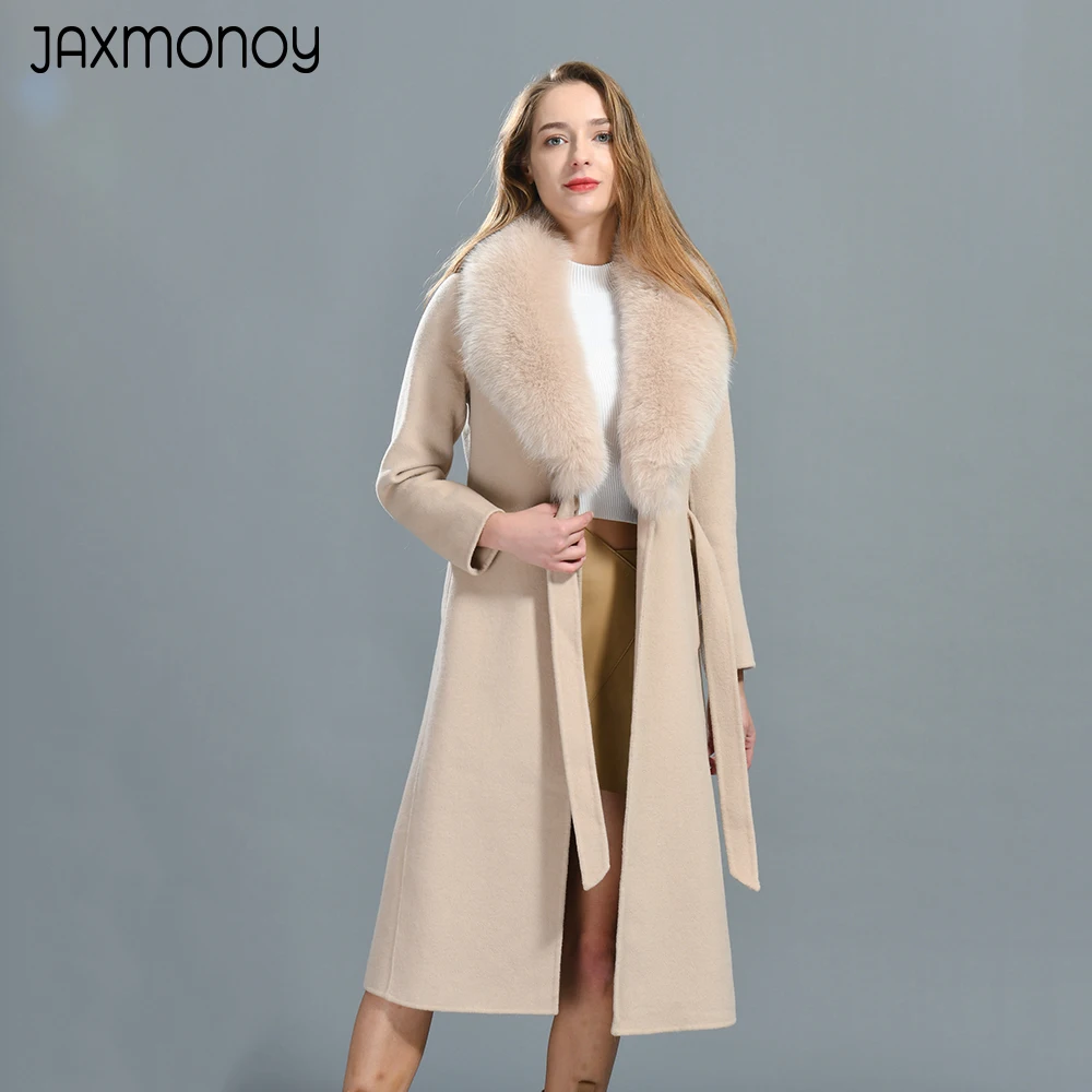 

Jaxmonoy Women's Winter Coat High Quality Cashmere Long Trench Coats Luxury Fox Fur Collar Outwear Ladies Solid Belt Overcoat