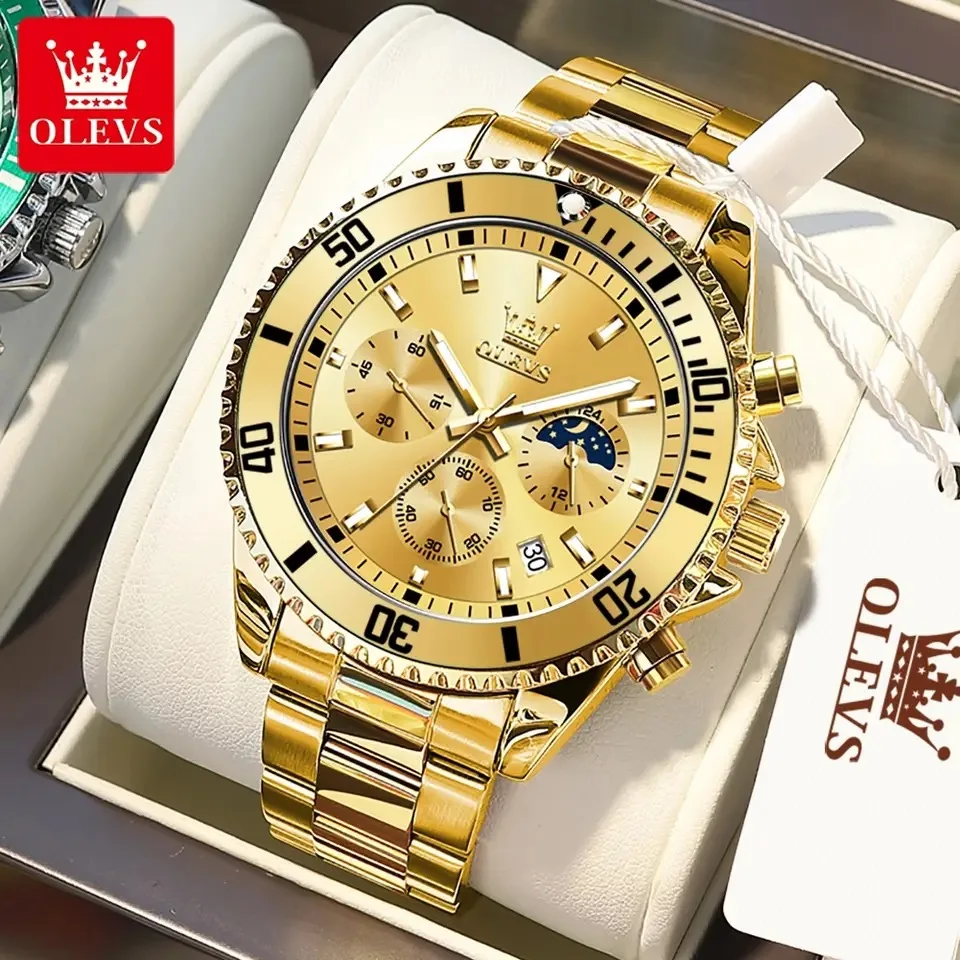 OLEVS Men's Watches Luxury Stainless Steel Waterproof Watches for Men Luminous Big Dial Chronograph Moon Phase Quartz Wristwatch
