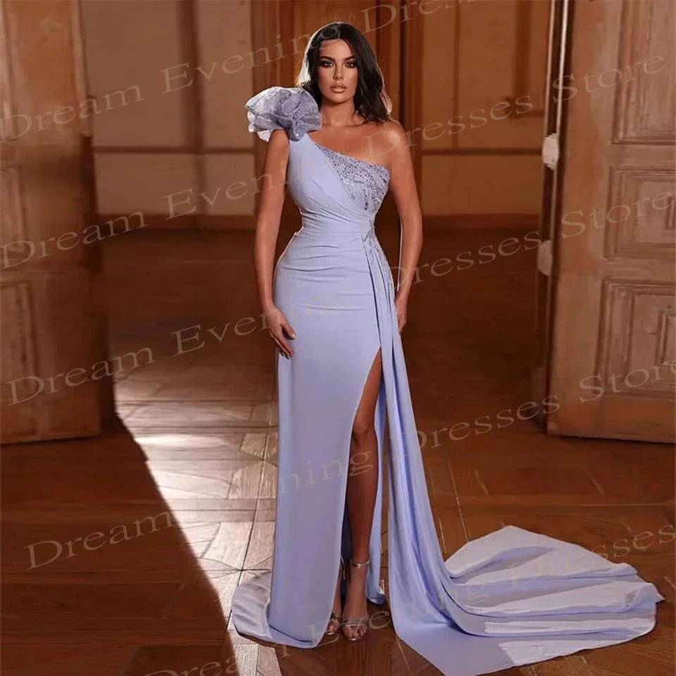 

2024 Graceful Purple Women's Mermaid Pretty Evening Dresses Modern One Shoulder Prom Gowns Sexy High Side Split Robes De Soirée