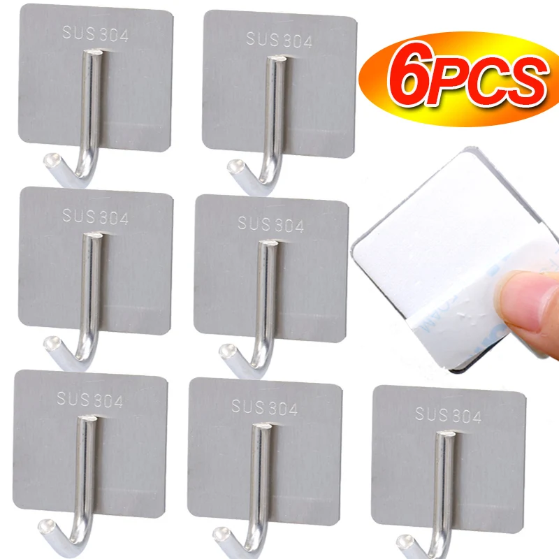 

1/6Pcs Strong Adhesive Hooks Stainless Steel Non Punching Hook Kitchen Bathroom Wall Holder Household Load-Bearing Storage Tools