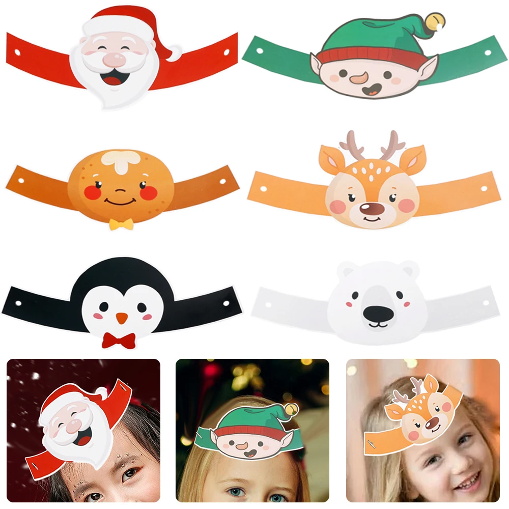 6pcs Children's Christmas Themed Party Hats DIY Handmade Paper Cartoon Santa Snowman Photo Props Hat Festival Decoration Gifts casual pink cowgirl hat western cowboy hat feather brim cowboy hat all match for themed birthday party photo prop