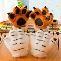 Striped Fluffy Faux Tiger Paw Plush Gloves Padded Hand Warmers Animal Stuffed Toys Perfect for Halloween Cosplay Costume Mittens
