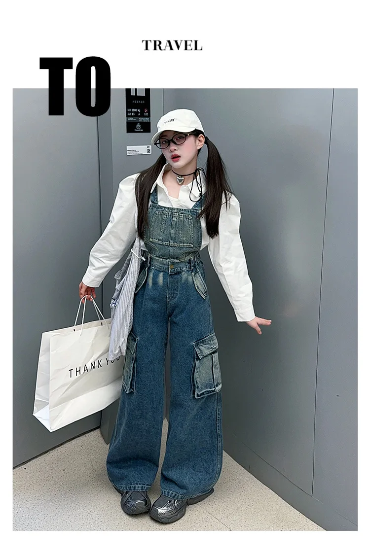 2025 Spring/Autumn Girls Denim Overalls Trendy Detachable Wide-Leg Jeans for Kids Stylish Versatile Casual Two Wear Trousers