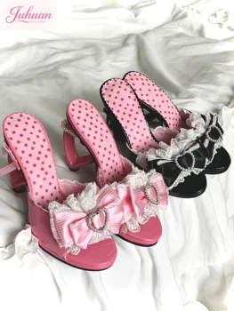 Sandali con tacco amore con fiocco rosa giapponese Abbigliamento esterno da donna 2025 Estate New Sweet Lolita Tacco alto Pantofola con una parola Scarpa da ragazza Kawaii 1