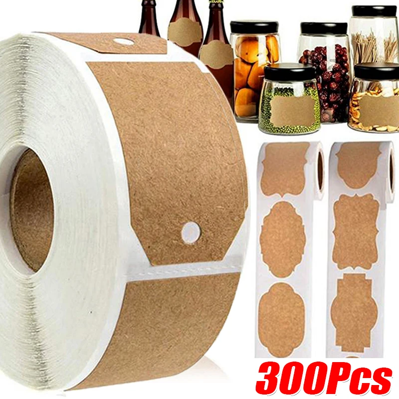 

300Pcs/Roll Kraft Label Stickers Writable Gift Labels Self-Adhesive Brown Label Tags for Kitchen Spice Jar DIY Xmas Decoration